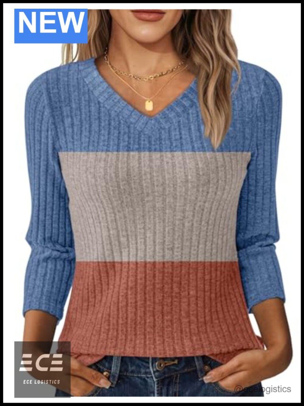 V Neck 3/4 Sleeve Tunic Sweater Lightweight Casual Fall Top